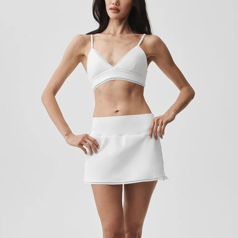 Lace-trimmed bra, lace-trimmed mini skirt, high-waisted tummy-control yoga pants, slimming camisole, running sports three-piece summer set