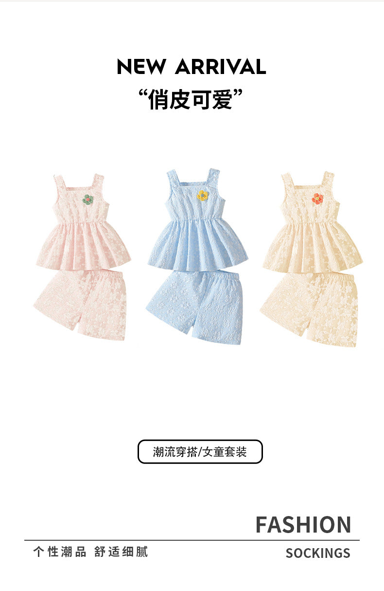 Summer girls' tank top set - korean style floral embroidery print, ruffle hem, sky blue two-piece outfit for kids