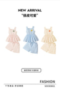 Summer girls' tank top set - korean style floral embroidery print, ruffle hem, sky blue two-piece outfit for kids