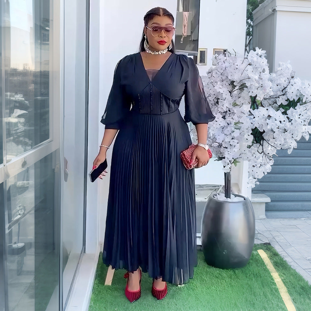 Aliexpress cross-border african new plus size women's elegant maxi dress, european and american foreign trade trendy v-neck pleated dress