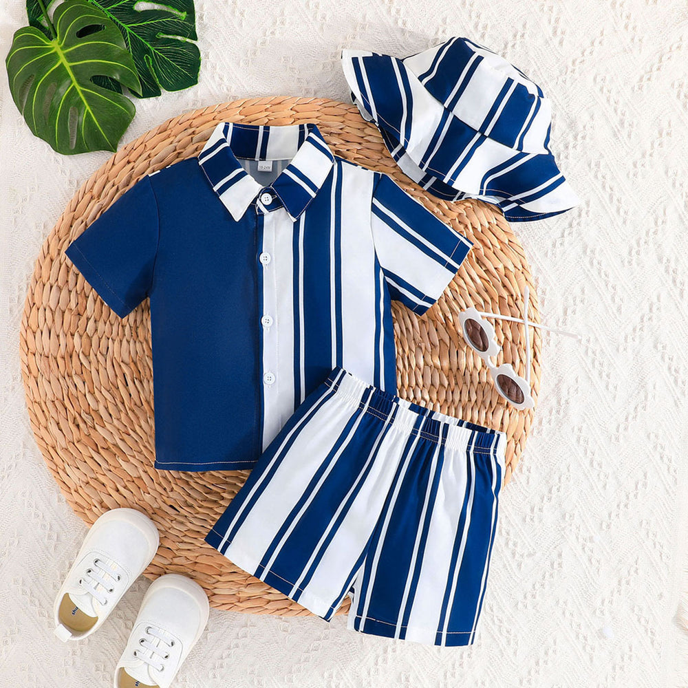 New summer collection: baby & toddler boy's striped color block top + shorts + hat three-piece set - european & american style, cross-border kids' outfit