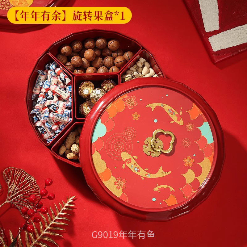 Chinese-style red rotating dried fruit box, household high-end housewarming, Chinese New Year grid fruit plate, living room snacks, melon seeds display plate