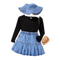 european and american cross-border girls' ribbed v-neck top + denim skirt + hat 3-piece set