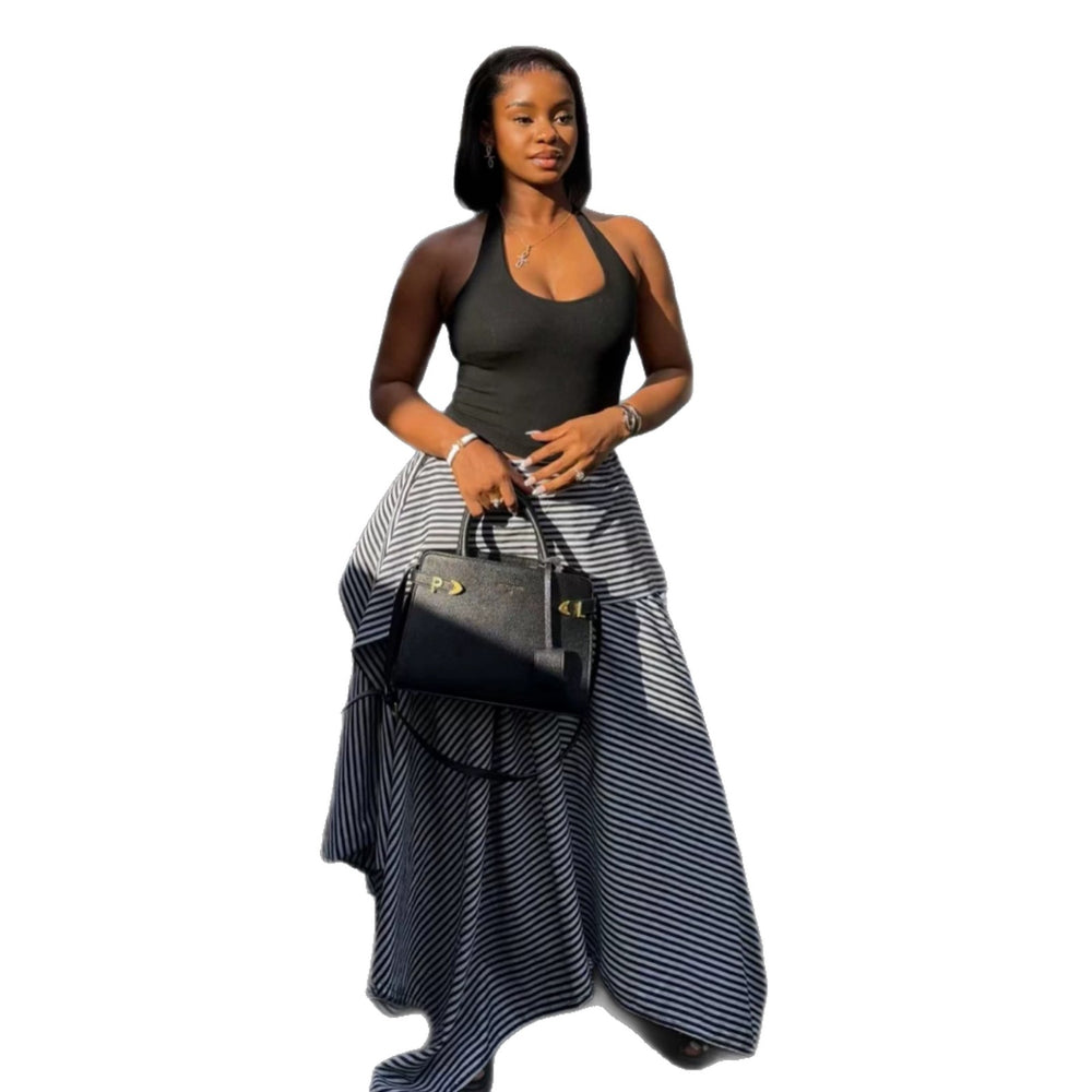 European and american cross-border women's clothing:  summer new arrival - high-waisted, slimming, asymmetrical, loose, flowy, long striped midi skirt