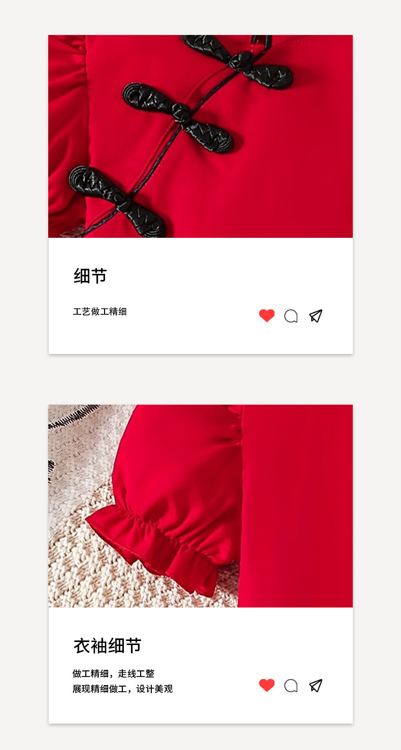 Girls' two-piece skirt set: red lantern sleeve chinese-style button-down top with black pleated skirt - traditional chinese style for kids