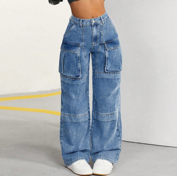 Amazon tiktok pinduoduo export cross-border fashion high waist double layer workwear wide leg jeans