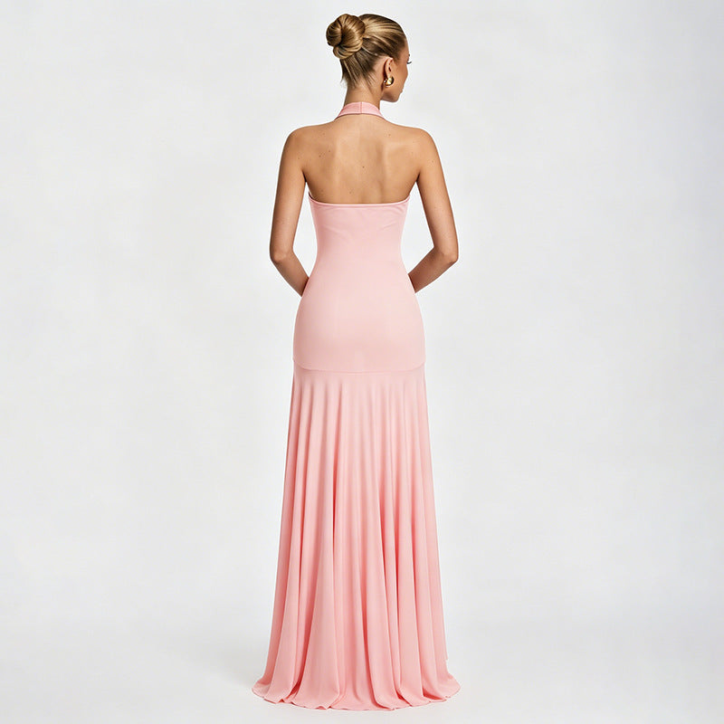 Amazon summer  new women's elegant solid color halter neck low-cut sexy patchwork backless evening dress