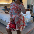 European and american cross-border women's fashion:  summer new arrival - designer slim-fit printed long-sleeve top and pleated midi skirt set