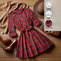 Vintage plaid shirt dress with turn-down collar, belted waist, a-line skirt, and roll-up cuffs