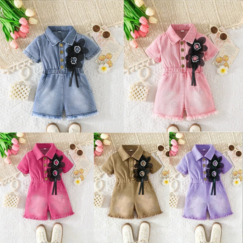 girls' denim jumpsuit - short sleeve, turn-down collar, cinched waist, pearl and floral embellishments, girls' cargo pants style