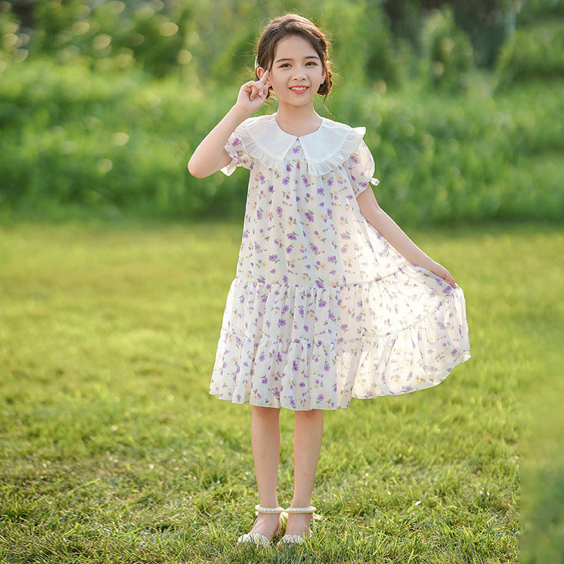 Girls' summer korean style floral dress  new arrival - stylish summer outfit for older girls, sweet princess dress with peter pan collar