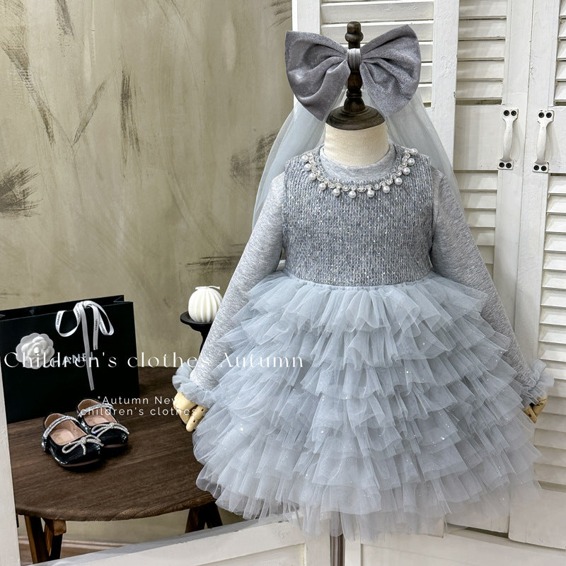 Girls' dress:  winter fashionable pearl red fleece-lined vest cake skirt two-piece set, first birthday outfit