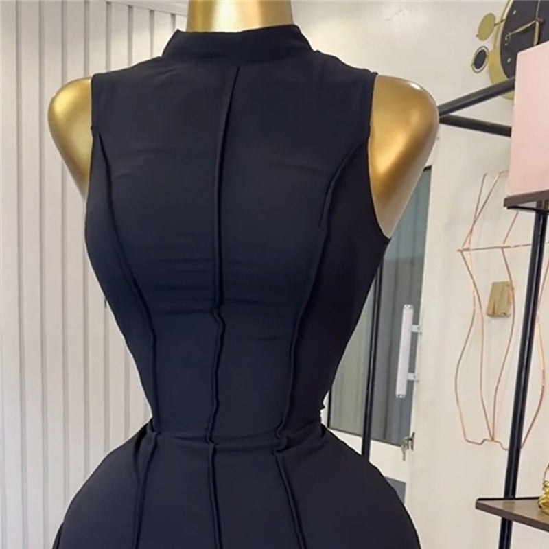 European and american cross-border women's fashion  summer new arrival: elegant semi-high neck sleeveless high-waisted a-line black tank dress