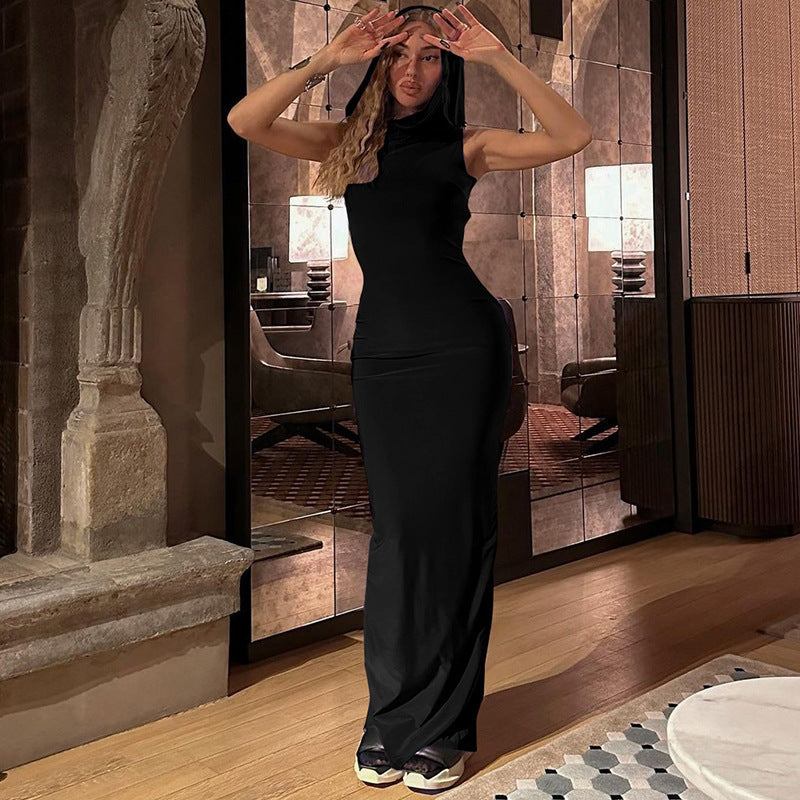 autumn new arrivals:  european and american style women's fashion solid color hooded back slit sleeveless dress