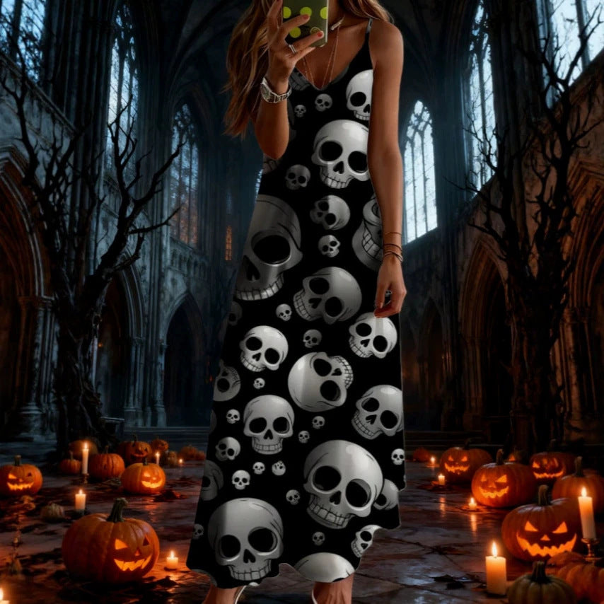 halloween pattern printing longdressv neckloose vacation suspender skirt