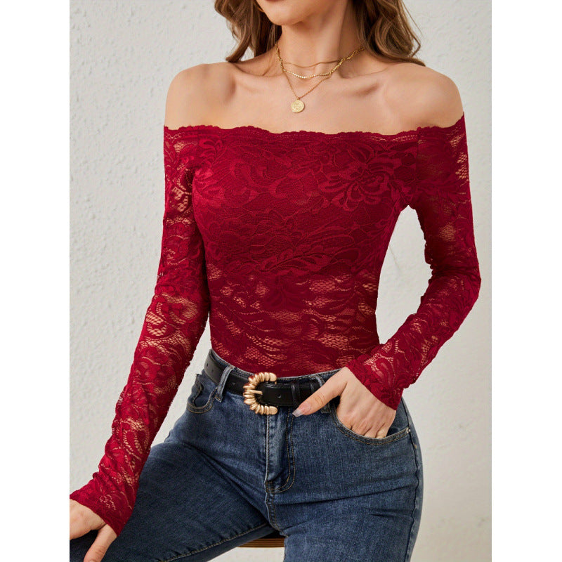 European and american cross-border  elegant fan-shape neck off-the-shoulder lace slim-fit long-sleeve top