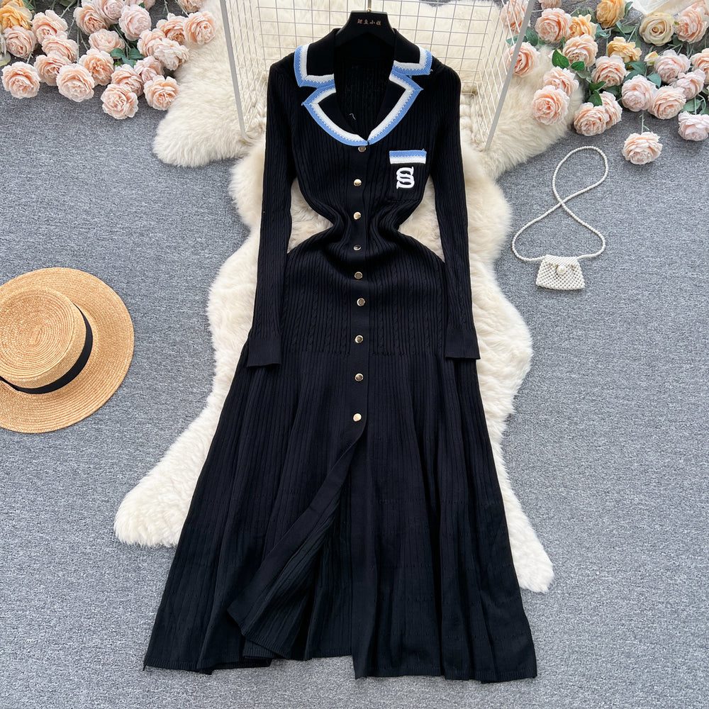 Xiaoxiangfengknittingdress women's fall and winternew arrival women's bottom skirtelegant waist contrast colorembroidersweaterlong skirt