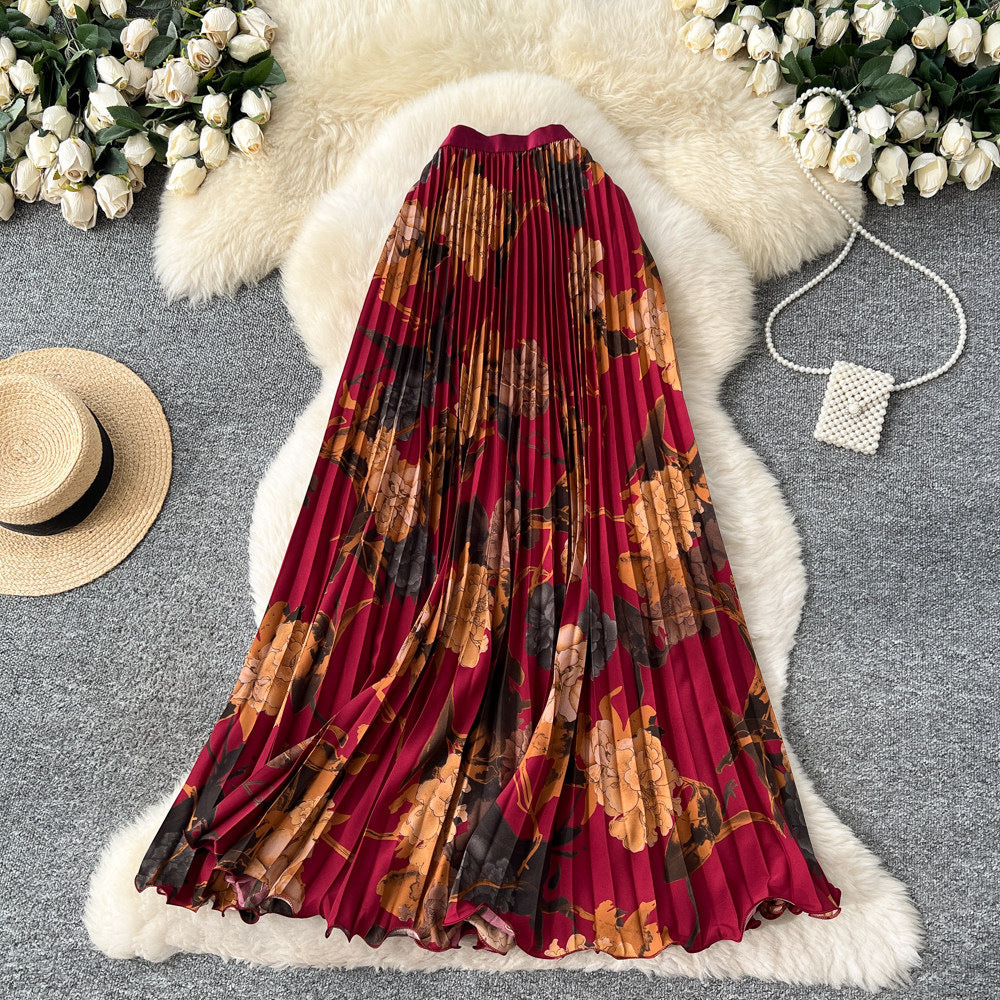 Vintage print pleated elastic waist fashion skirt - women's high-waisted a-line skirt - commute-friendly, flowy maxi skirt for summer