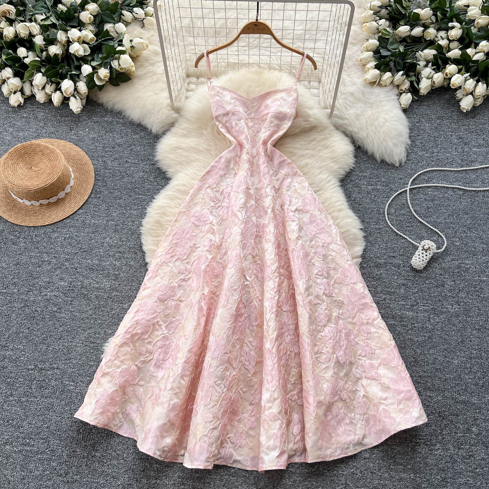 French style women's luxury party dress - elegant, high-end, and chic. features a spaghetti strap, cinched waist, jacquard design, and a flattering, slimming fit. perfect for summer, this dress creates a beautiful, fluffy silhouette