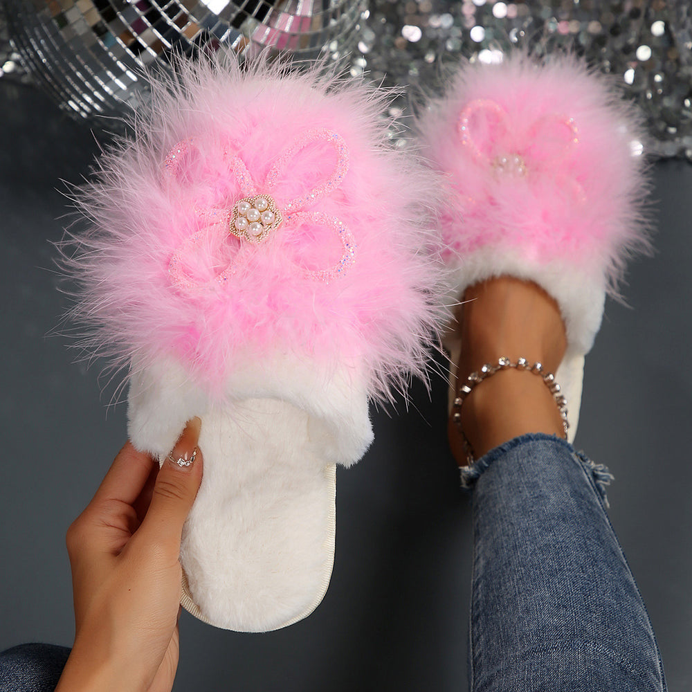 cotton slippers baotou heattech slippers flats slippers daily home slippers soft real fur soft bottom flower cotton slippers