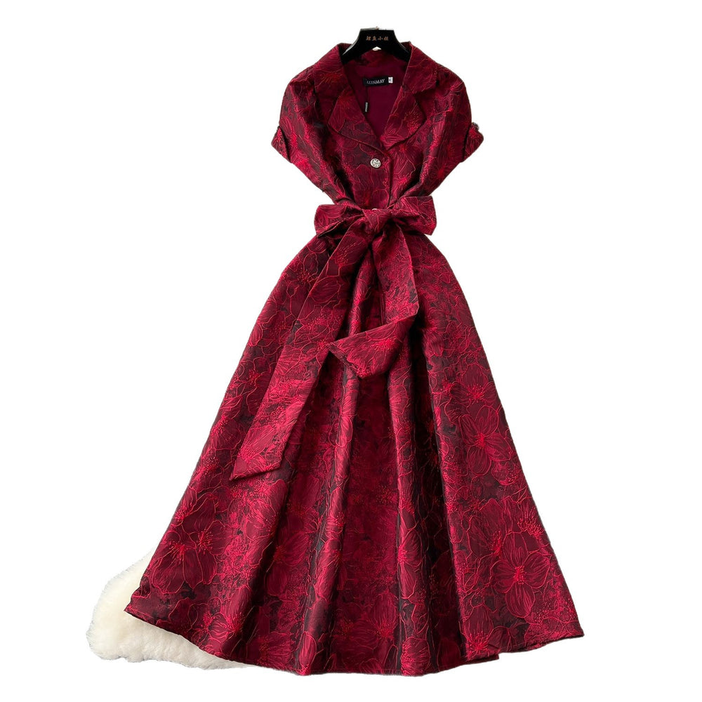 High-end exquisite women's formal dress - summer  collection: tie-waist, notch collar, short sleeve, jacquard, flowy maxi dress