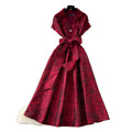 High-end exquisite women's formal dress - summer  collection: tie-waist, notch collar, short sleeve, jacquard, flowy maxi dress