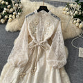 French chic luxury: exquisite embellished floral embroidered mesh dress - autumn tie-waist maxi dress