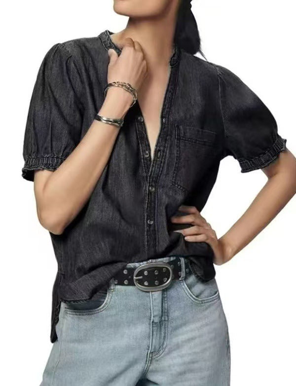 new european and american style versatile princess sleeve lightweight denim shirt casual top for women - perfect for cross-border e-commerce on  and