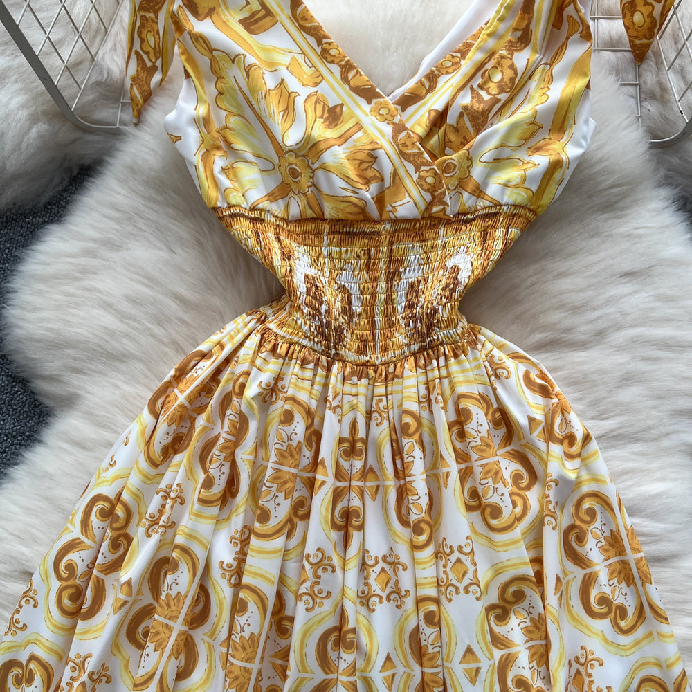Palace style dress for women new arrivalniche styleretrofashionable styleprinting waist suspender long skirt