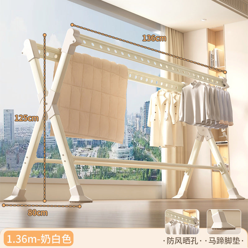 Foldable clothes drying rack - floor standing, indoor/outdoor use - aluminum alloy, extendable rod, perfect for balconies, bedrooms, and outdoor use - quilt drying solution
