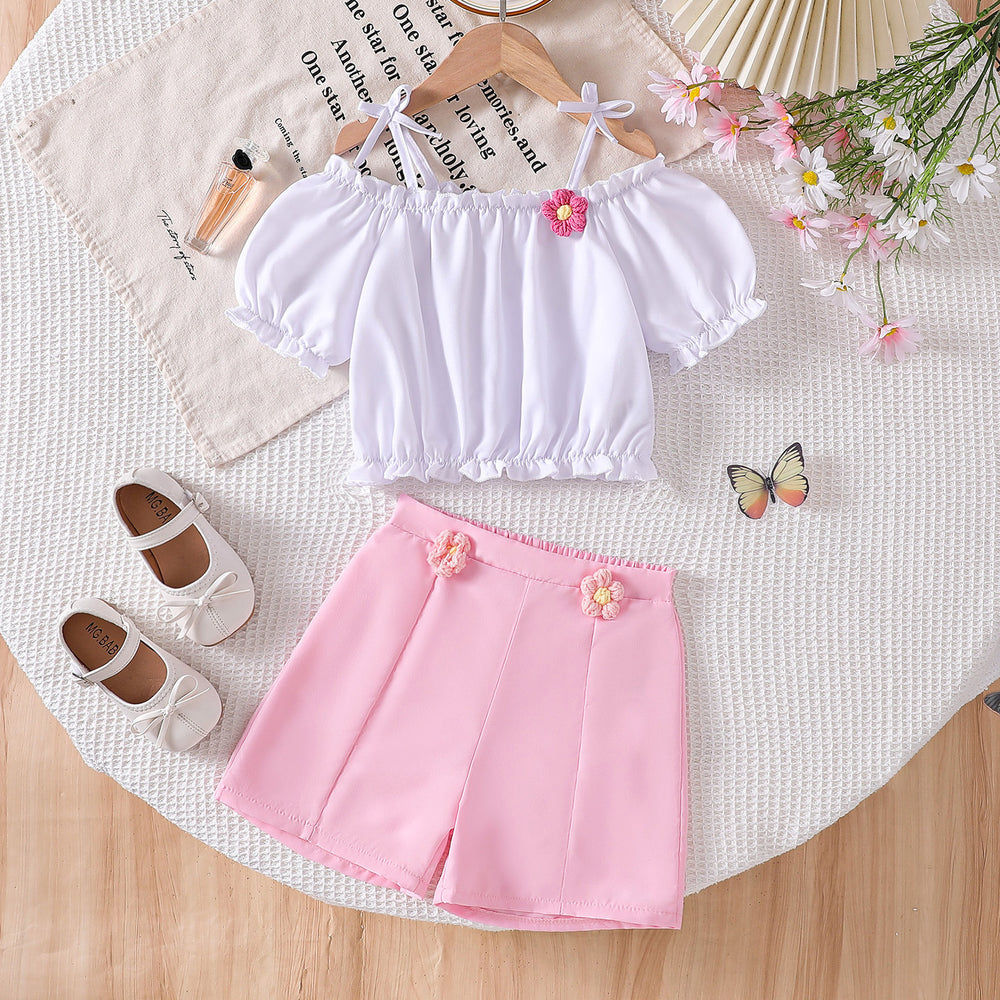 Girls' off-the-shoulder puff sleeve floral cami and shorts set - summer kids' sweet floral casual outfit