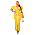 C6500   fashion women's hotfix rhinestone bubble sleeve stretch v-neck maxi dress