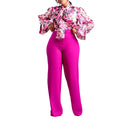 D316 european and american style women's clothing  autumn/winter loose plus size casual printed long sleeve shirt and wide leg pants cross-border two-piece set