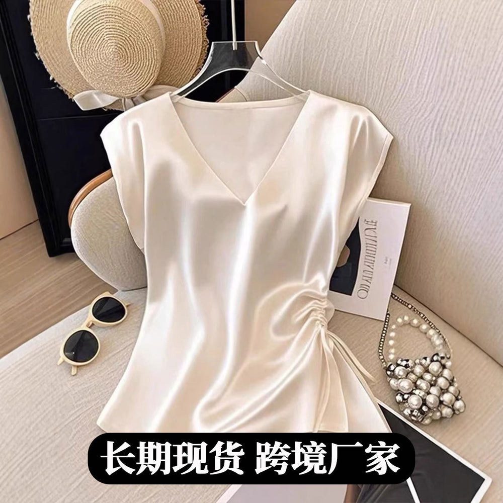 Amazon cross-border fashion independent station women's spring winter new arrival satin shirt v neck drawstring satin tops