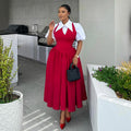 European and american style women's summer  elegant bubble sleeve blouse collar high waist slimming dress - faux two-piece