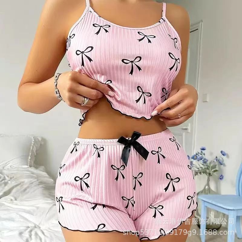 hot-selling european and american home wear: ribbed print, subtly sexy camisole and shorts two-piece pajama set for women