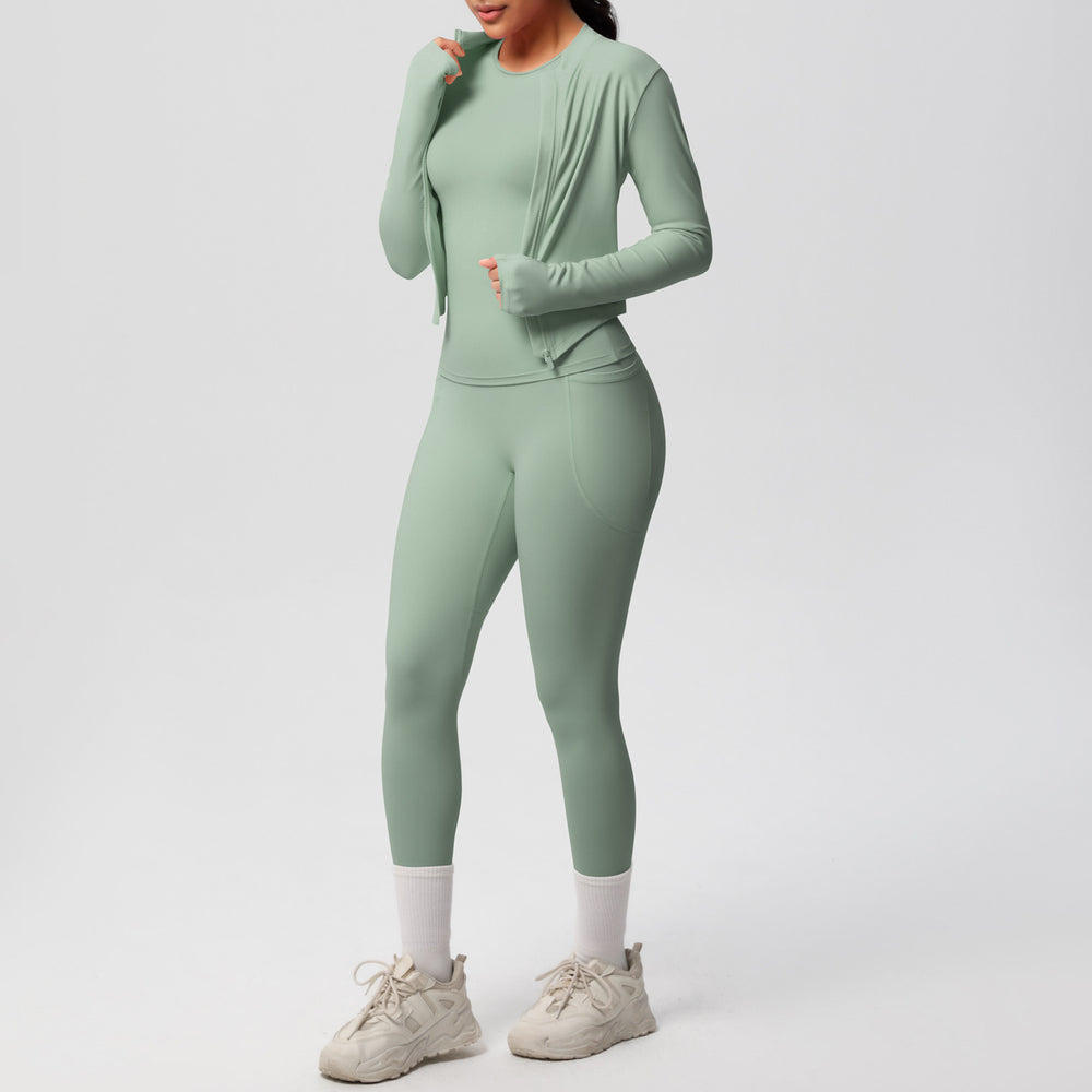 European and american new cloud-feel brushed short-sleeve activewear set: zip-up jacket, casual running top, and butt-lifting yoga leggings - women's 3-piece set