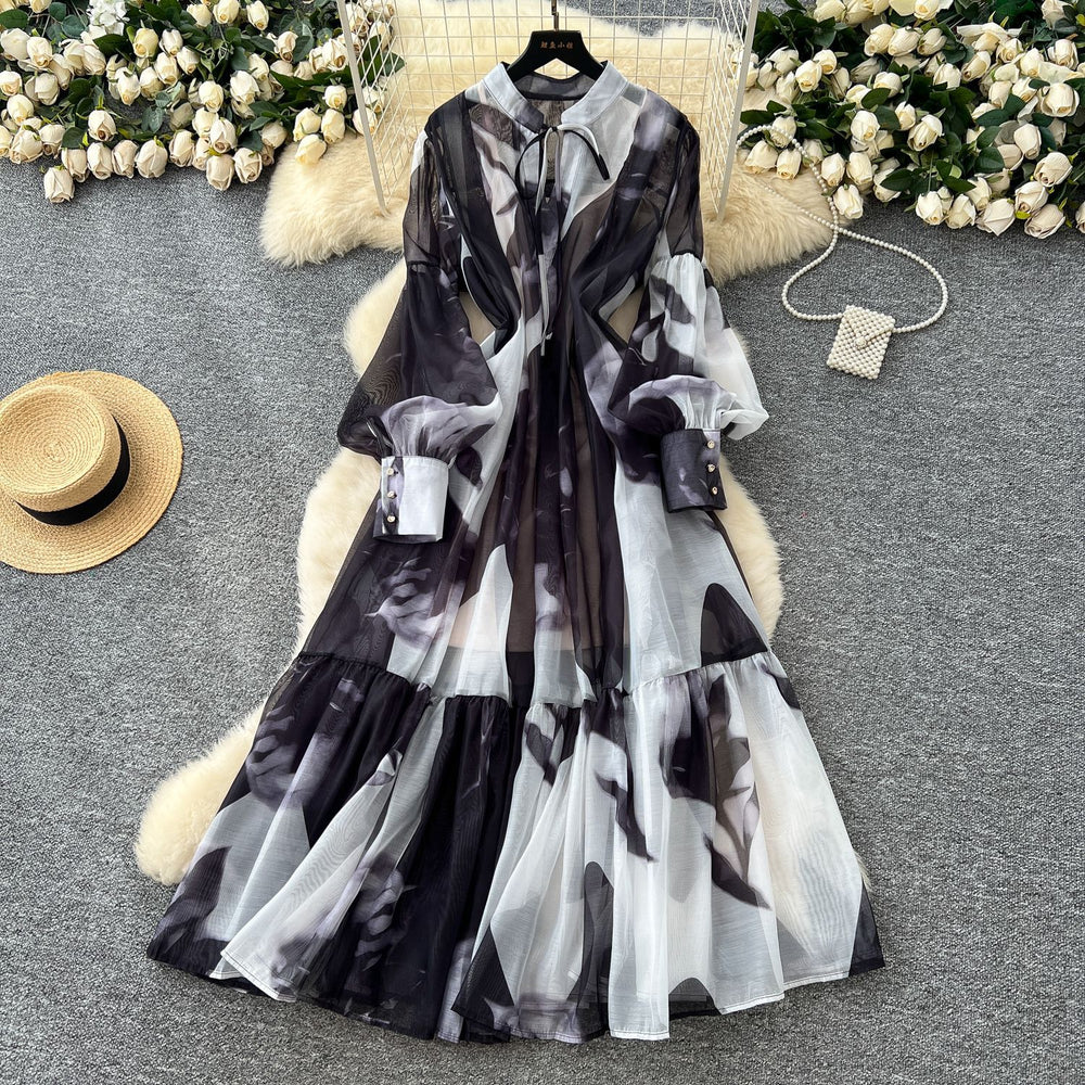 French chic dress -  new collection: court style tie-waist lantern sleeve printed mesh midi dress