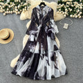 French chic dress -  new collection: court style tie-waist lantern sleeve printed mesh midi dress