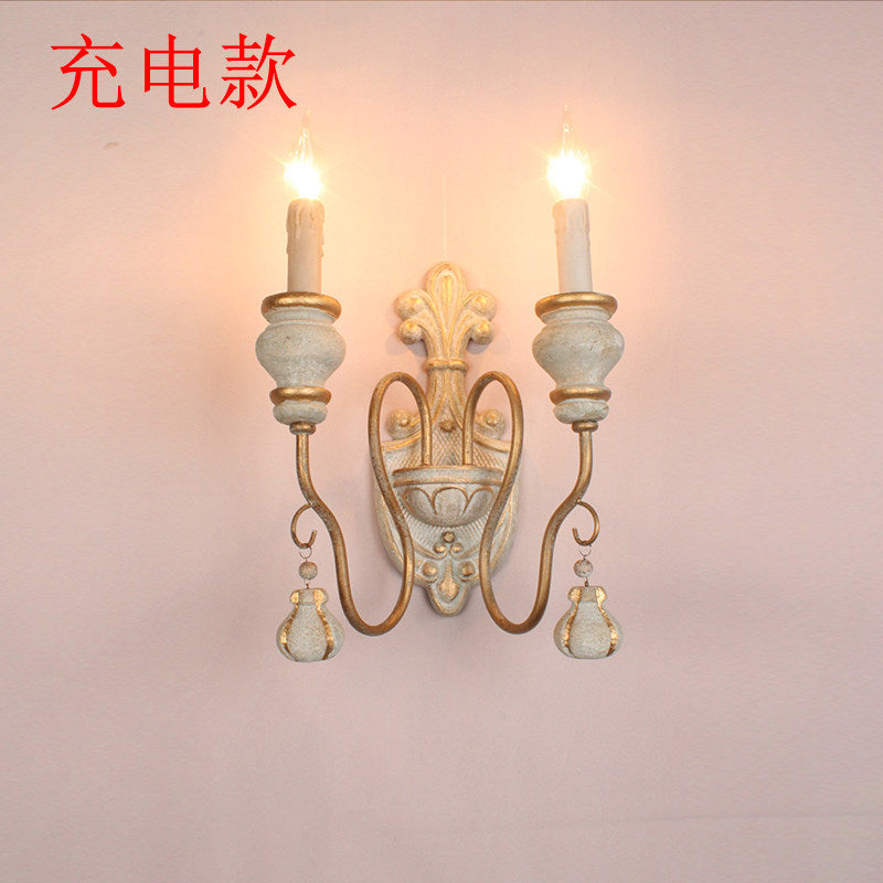 American retro wall lamp - cordless charging, solid wood, french style for living room, bedroom, bedside, hallway, stairway, candle wall sconce
