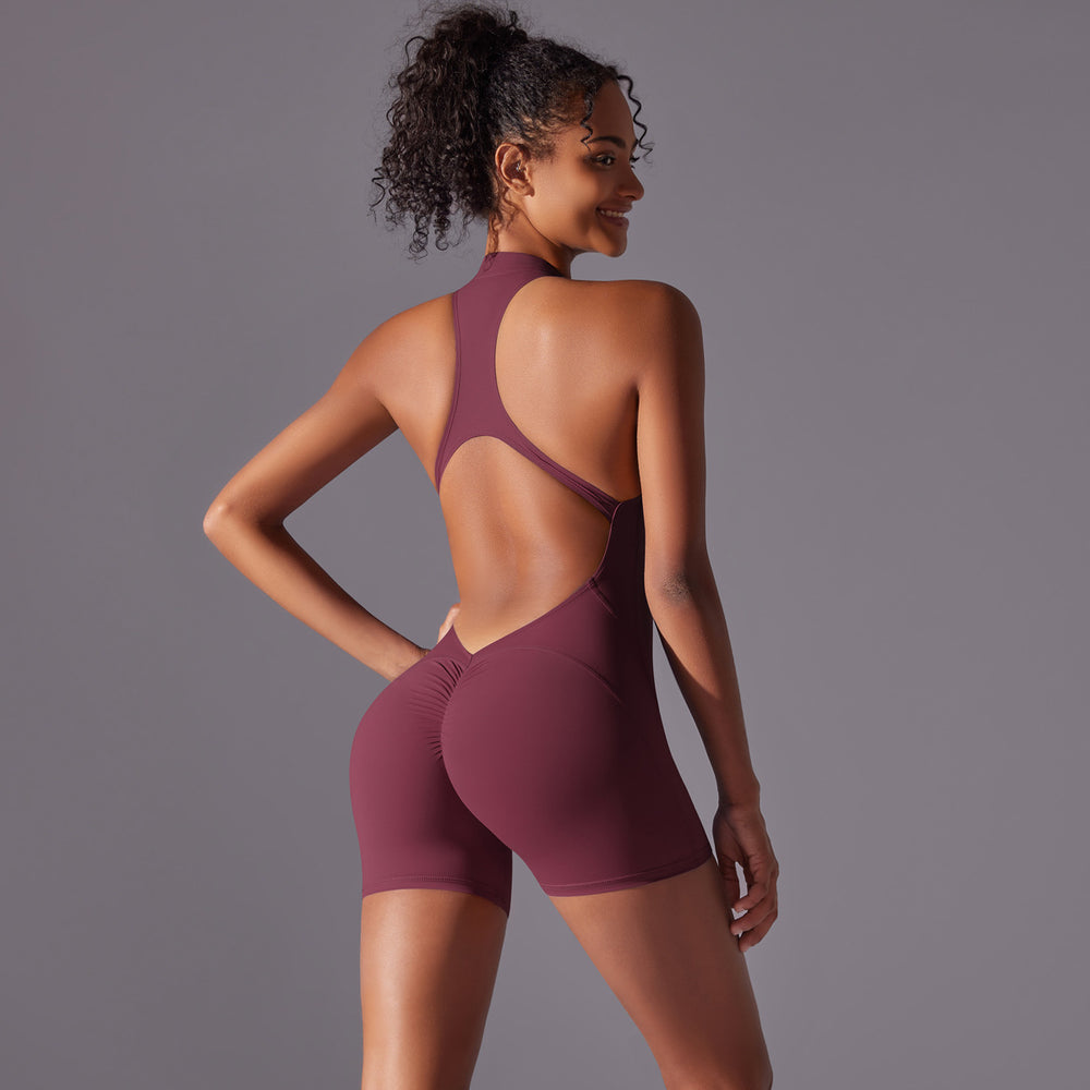 New arrival cross-border pure color high-strength nude tight sports beautiful back jumpsuit yoga wear tight running fitness wear
