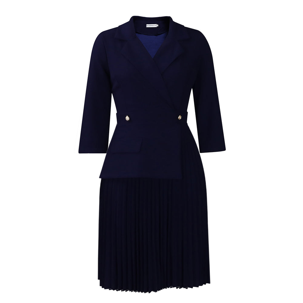 D543 women's foreign trade   autumn new fashion elegant blazer collar solid color pleated african dress