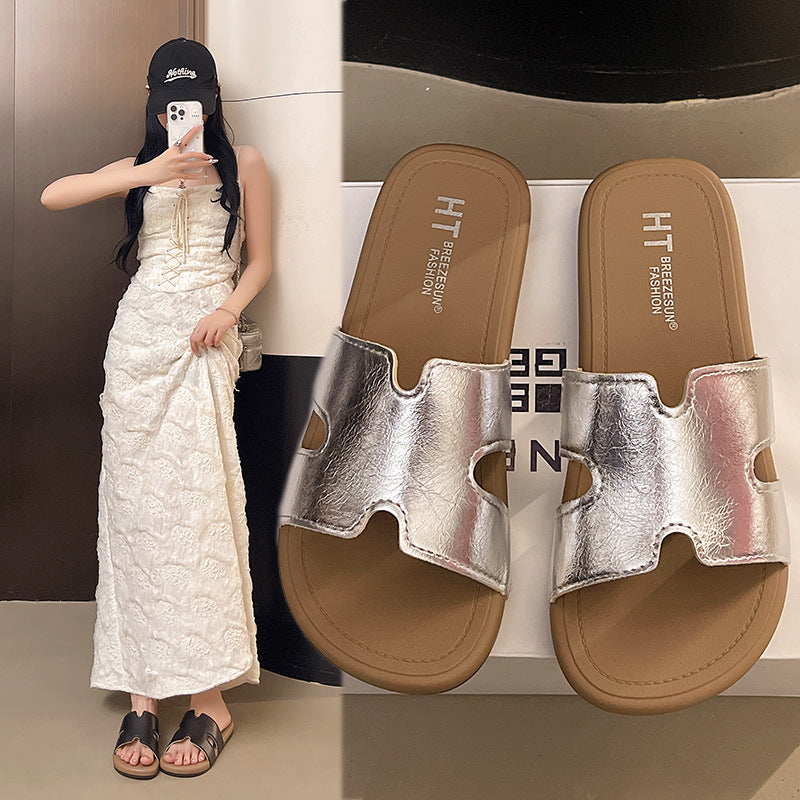 Fashionable starlight silver h strap versatile soft sole mules - french retro flat slide sandals for women