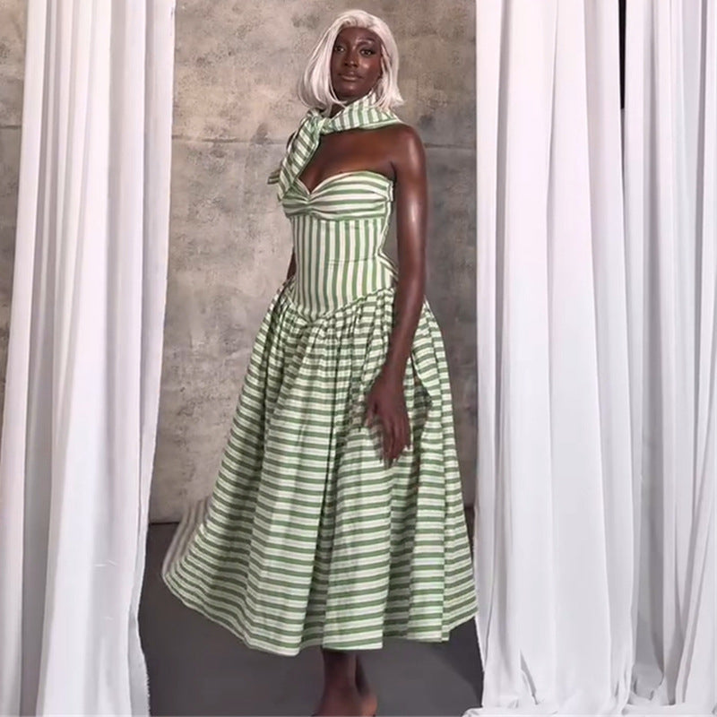 European and american women's clothing  autumn new collection: sweet and fresh striped bandeau high-waisted slimming a-line midi dress