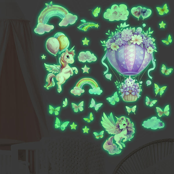 Unicorn rainbow butterfly luminous sticker hot air balloon sticker  amazon decorative wall sticker room bedroom