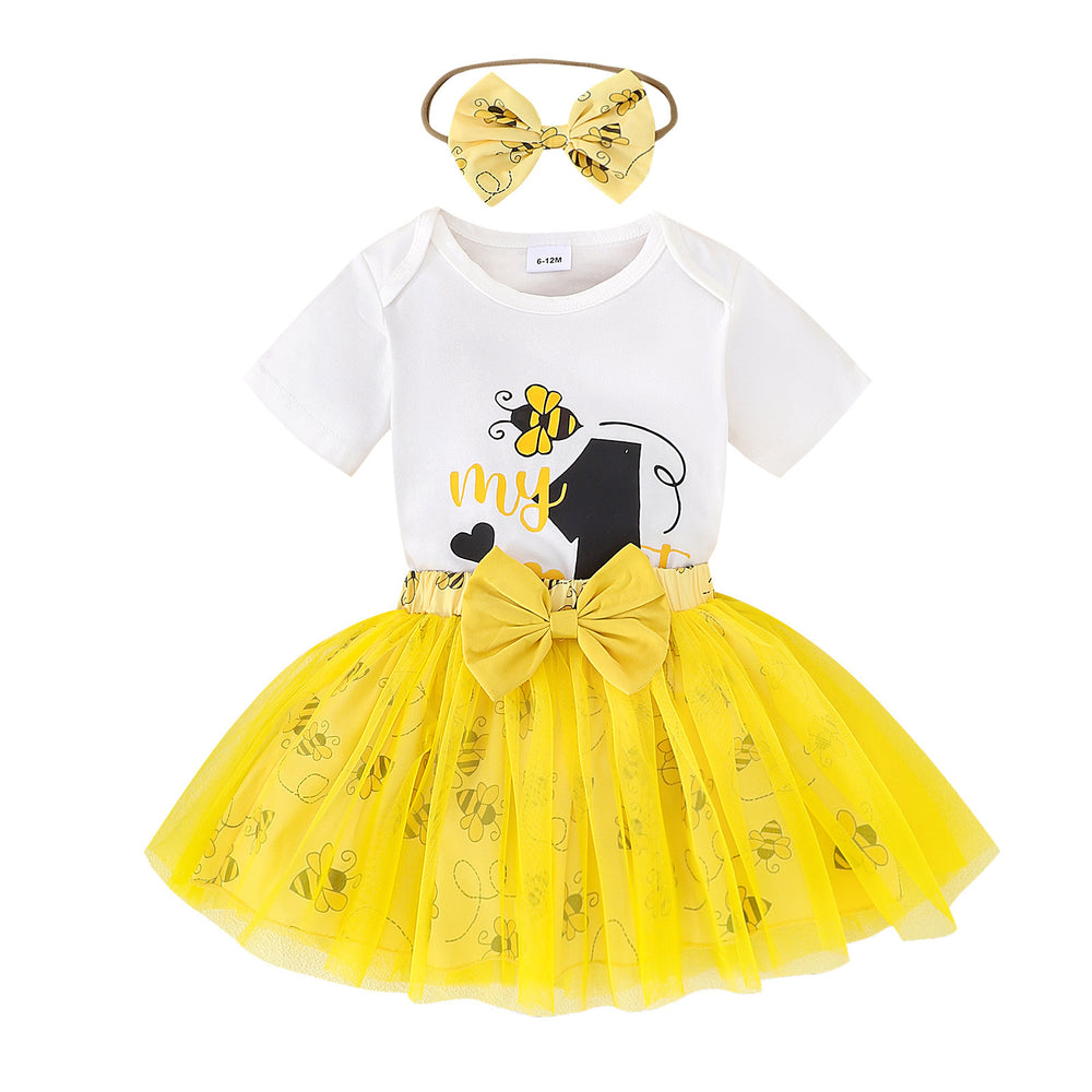 Amazon european and american summer cute princess dress for infants and toddlers - printed short-sleeve top + bowknot mesh skirt + headband