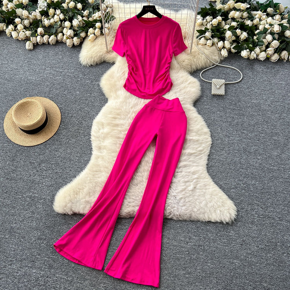 Fashionsuit women's summer sense of design pleatedsilm round neck short sleeve t-shirt tops high waist hip yoga pants