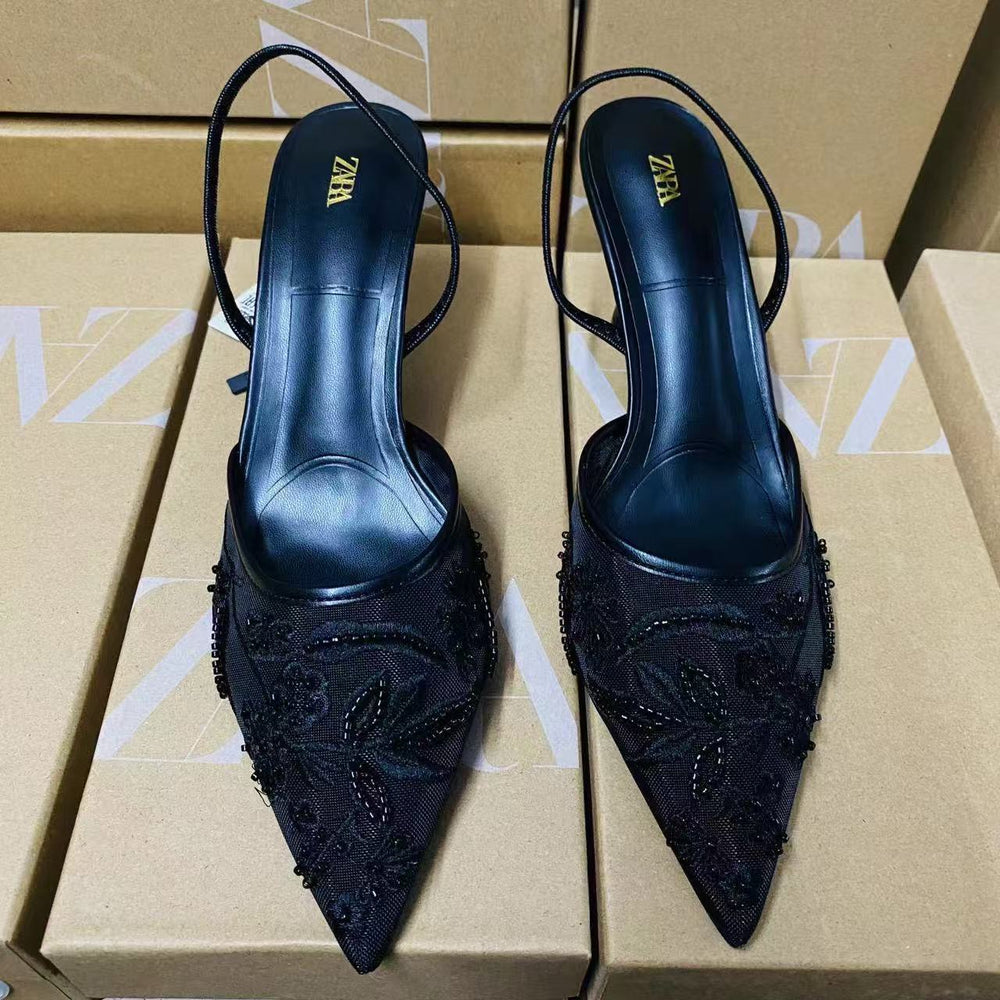 Zar 2024 autumn new arrivals: pointed-toe, closed-toe, open-back, solid color embroidered mesh stiletto mules