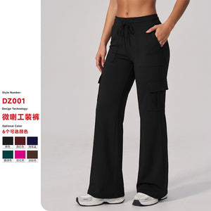 fashion style high waist drawstring bell bottoms workwear pants loose pants healthy cloth women's pants plaidcasual