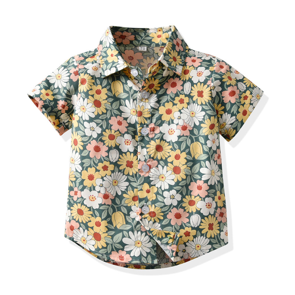 Summernew arrival cross-border kids shirt short-sleeved shirt fried handsome retro beach style printingshirt boys shirt